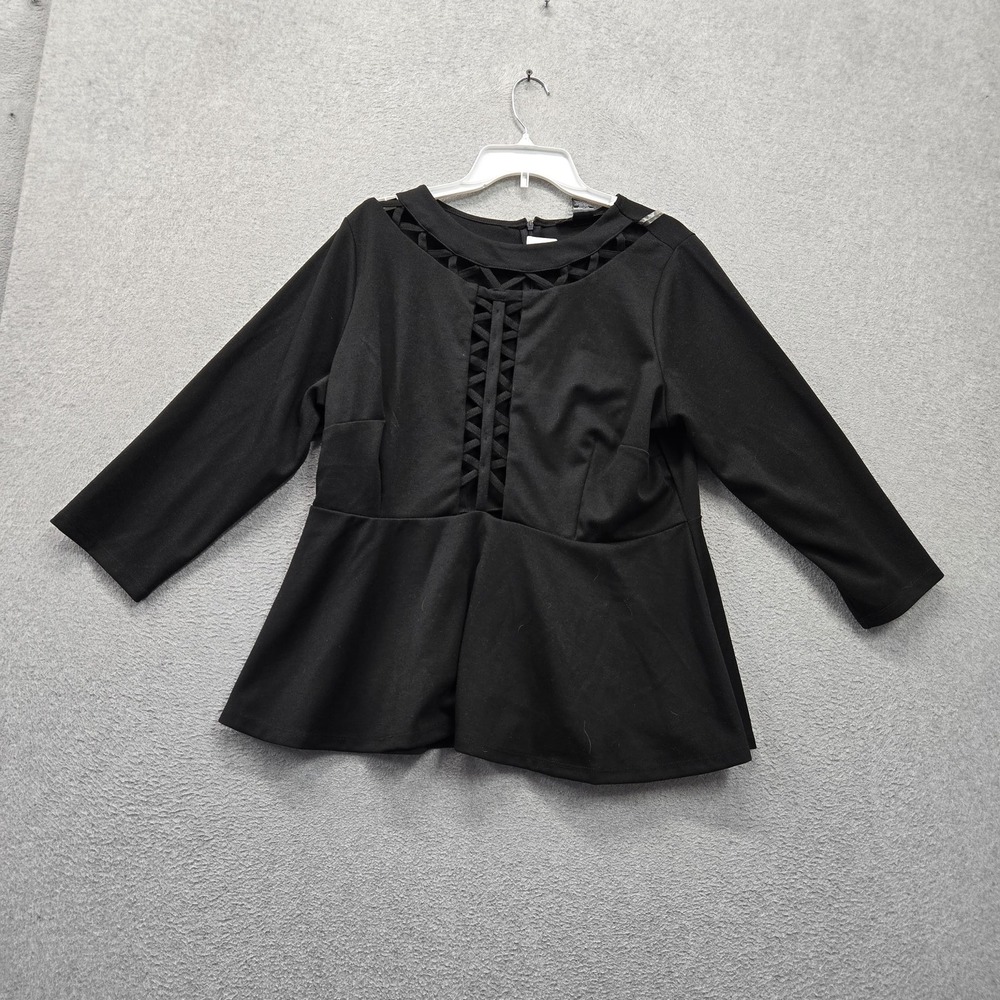 Ashley Stewart Women Blouse 18/20 Black Peplum Crisscross Lattice Cutout NWT